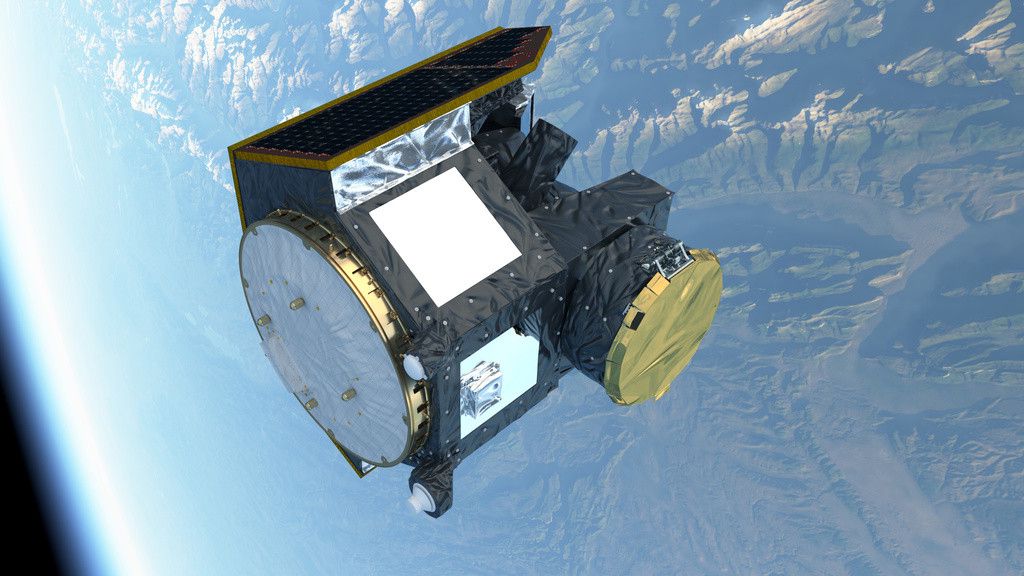 HANDOUT - Cheops, an exoplanet-observing satellite, illustration. In this view the satellite's telescope cover is closed. Cheops is the European Space Agency (ESA)'s CHaracterising ExOPlanet Satellite. It is due to be launched in 2019 to spend around 4 years studying transiting exoplanets orbiting bright and nearby stars. The Cheops mission is a partnership between ESA and Switzerland (University of Bern UNIBE and University of Geneva) with important contributions from Austria, Belgium, France, Germany, Hungary, Italy, Portugal, Spain, Sweden, and the United Kingdom. The Cheops launch slot is scheduled for the last quarter of 2019. (ATG medialab/EUROPEAN SPACE AGENCY) *** NO SALES, DARF NUR MIT VOLLSTAENDIGER QUELLENANGABE VERWENDET WERDEN ***