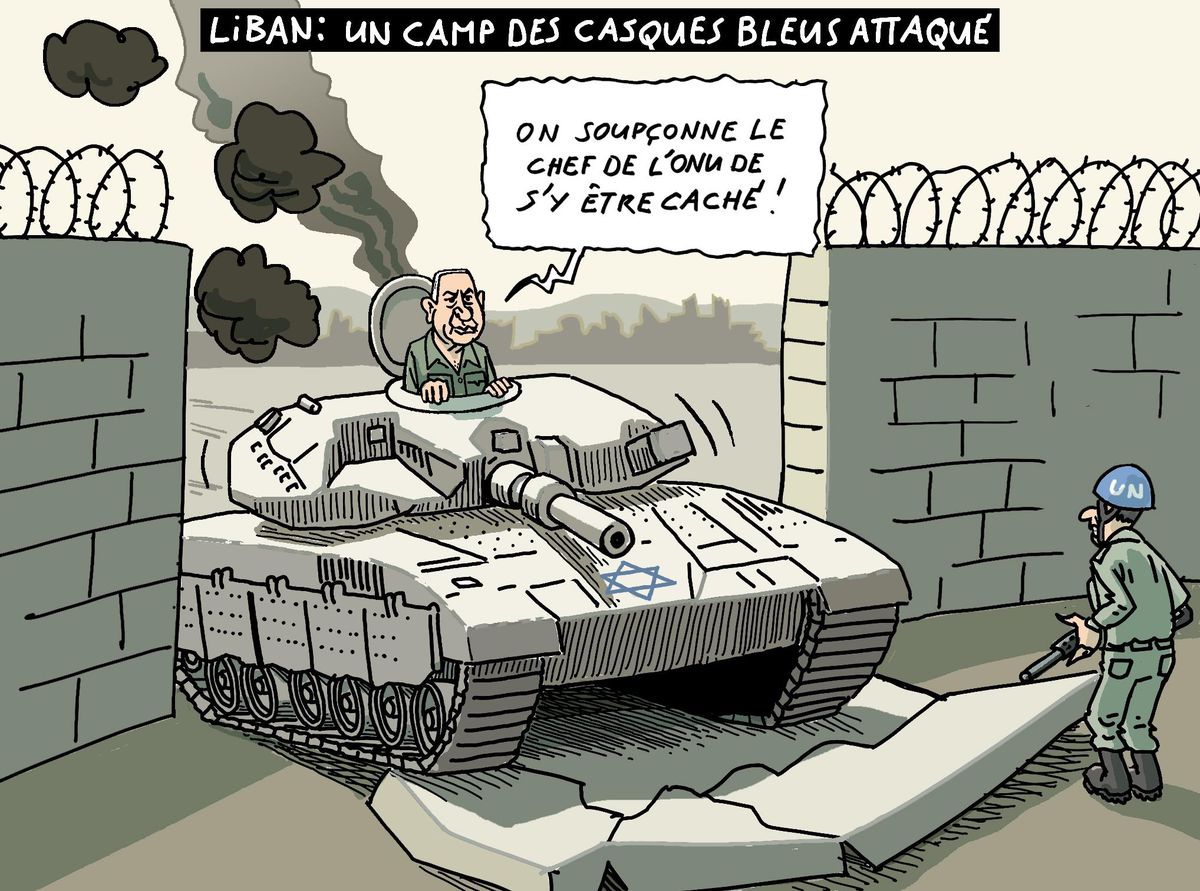 Caricature d'un char d'assaut israélien percutant un mur portant l'étoile de David, alors qu'un soldat de l'ONU observe. Texte: 'On soupçonne le chef de l'ONU de s'y être caché!'