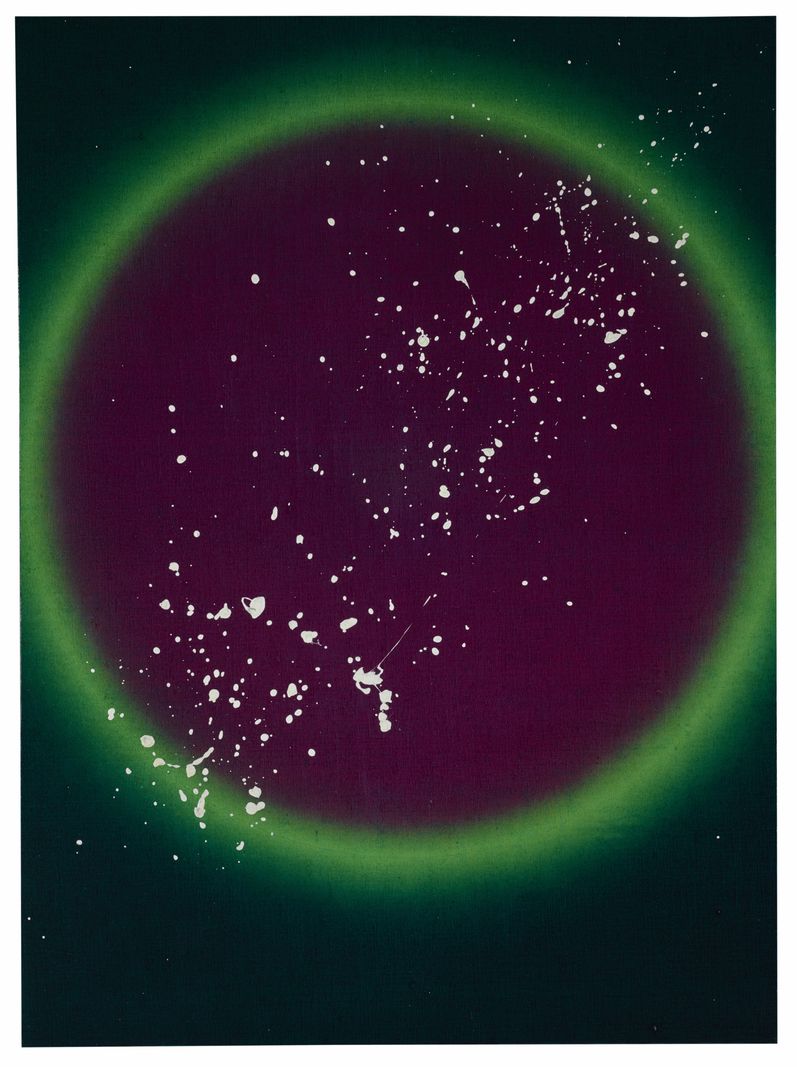 La série de «Rainbows» a été réalisée avec des pigments cyan, jaune et magenta, parsemés de taches blanches jetées sur la toile.