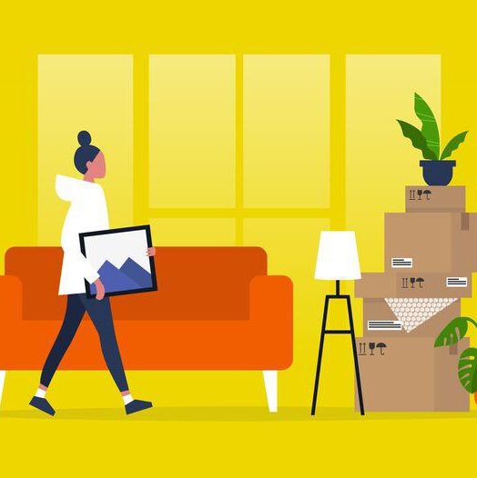 Illustration d’une personne transportant un cadre devant un canapé orange, avec des cartons et une plante à côté.