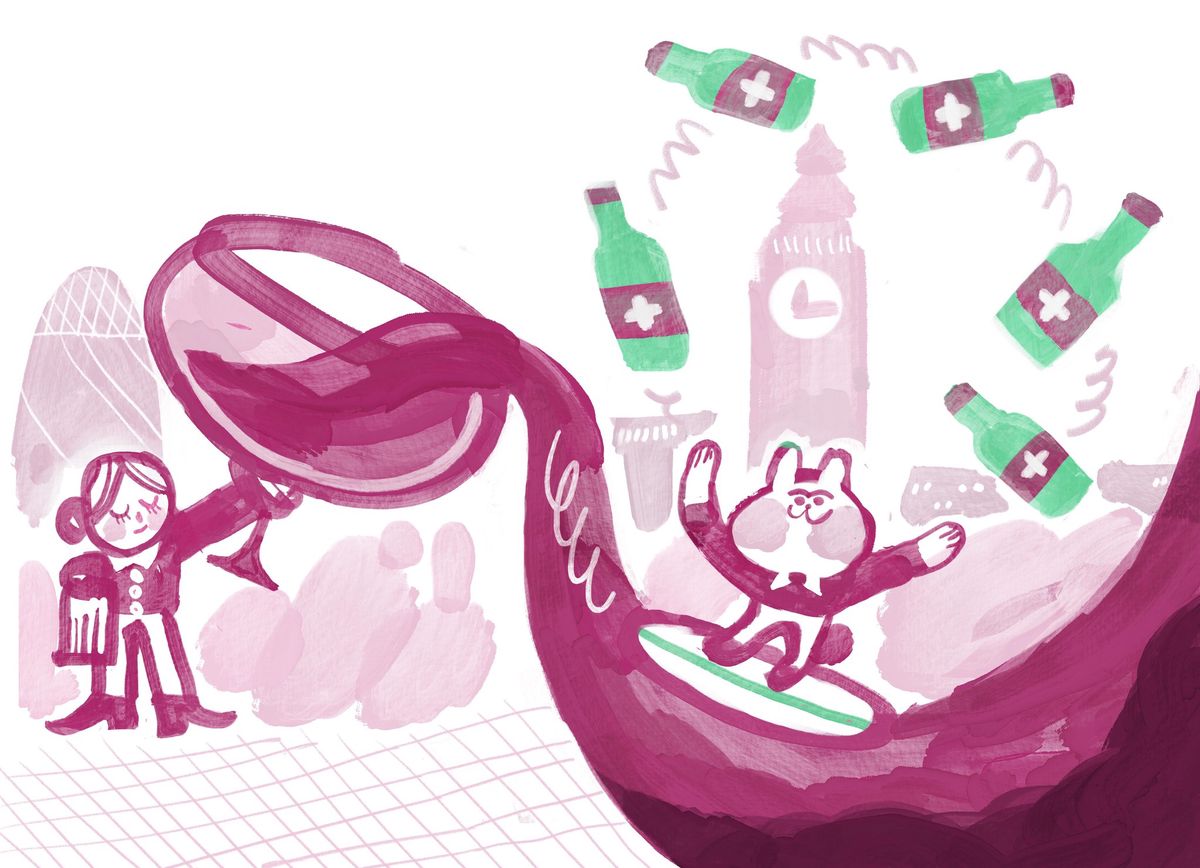 Illustration humoristique d’un personnage avec une corne alpine, d’où jaillit une vague de vin. Sur la vague, un chat fait du surf entouré de bouteilles de bière suisses. En arrière-plan, une tour avec une horloge et des montagnes.