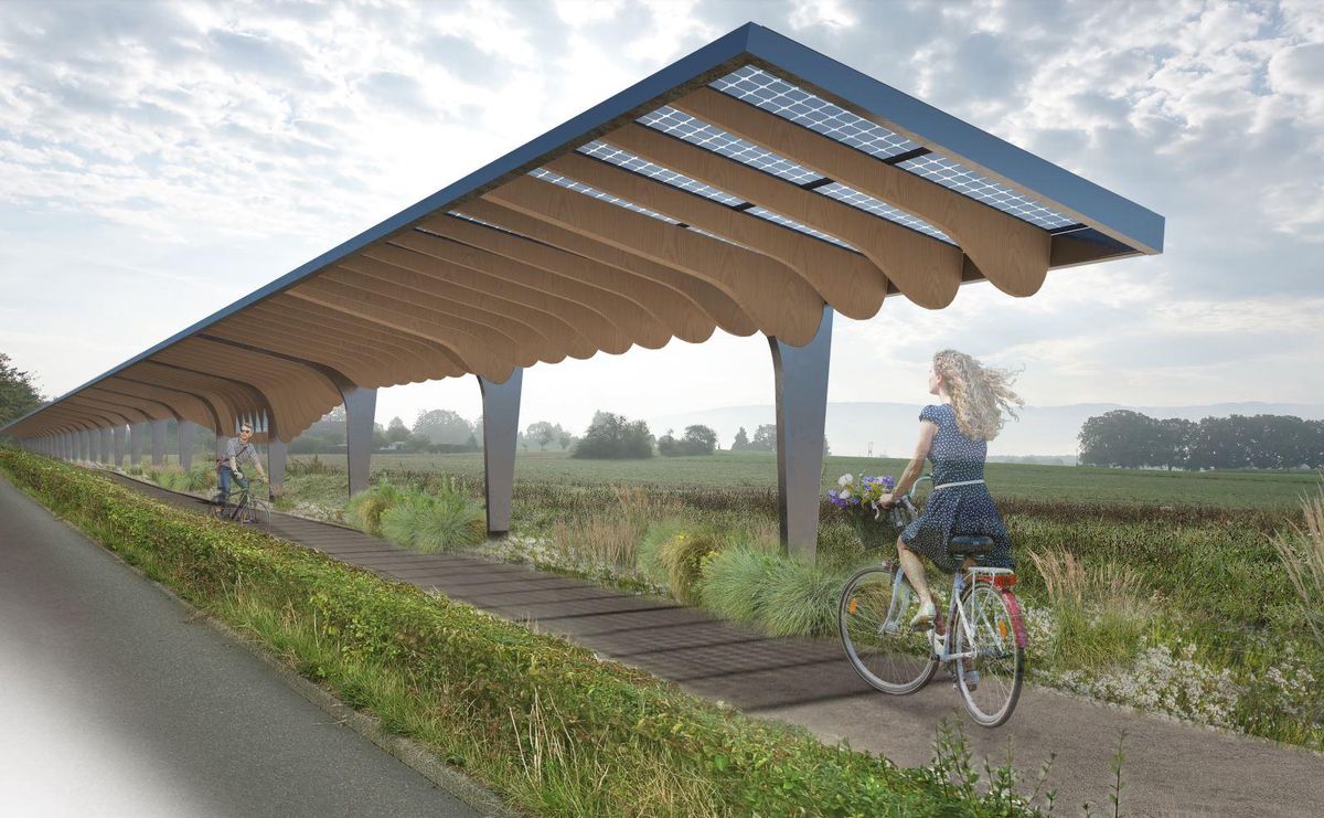 Une image de synthèse du projet lauréat. À noter qu’un revêtement classique est envisagé sur la piste cyclable (les rayures illustrent l’ombre projetée de l’abri).