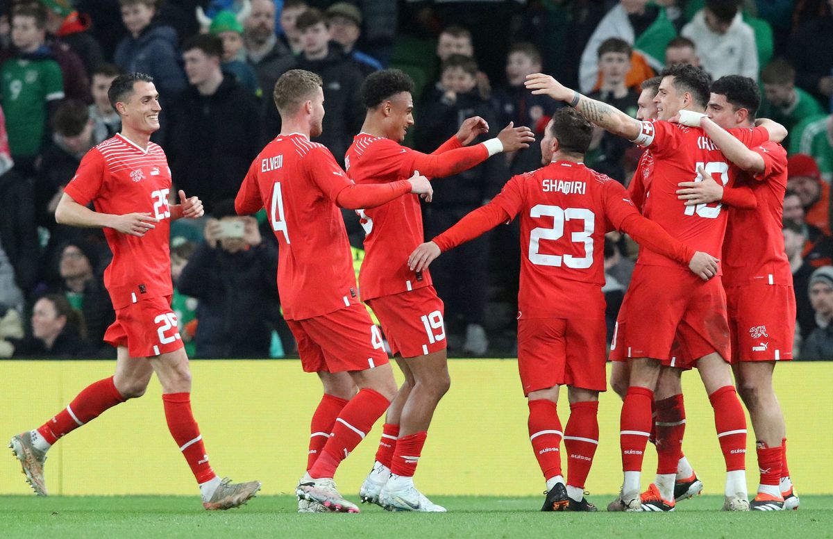 Switzerland's midfielder #23 Xherdan Shaqiri celebrates scoring his team's first goal during the International friendly football match between Ireland and Switzerland, at the Aviva Stadium, in Dublin, on March 26, 2024. (Photo by Paul Faith / AFP)