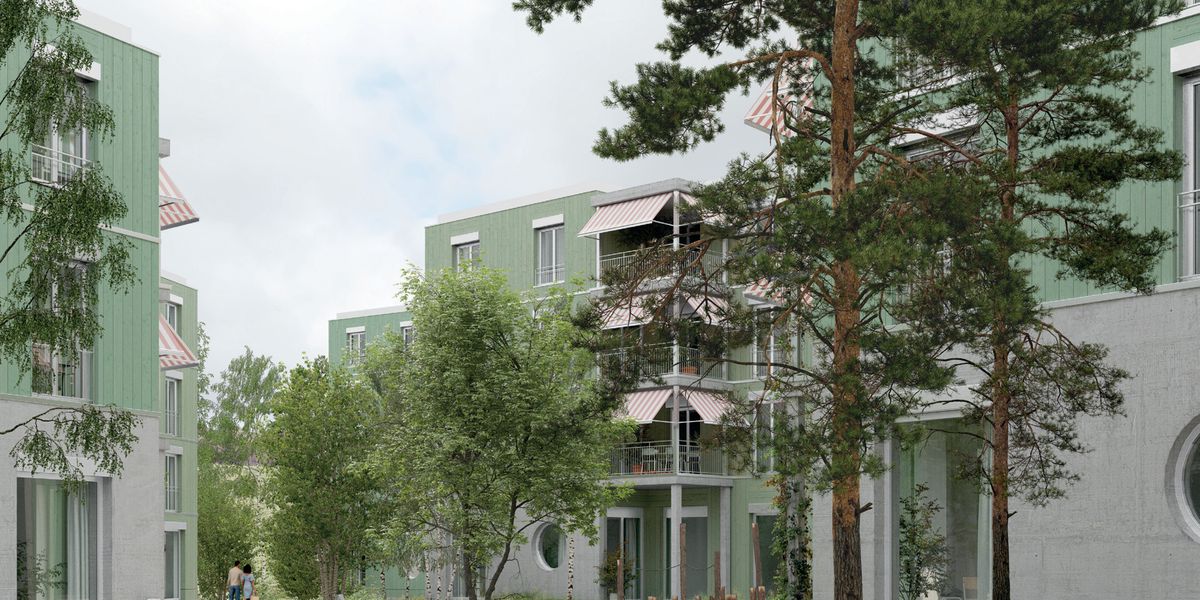 Vue d'un quartier résidentiel verdoyant avec des immeubles modernes, des arbres et une zone pavée.