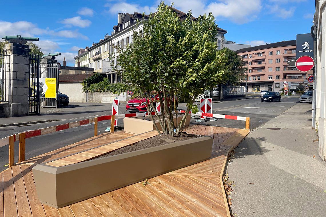 Une petite place publique avec un arbre au centre, entouré de bancs en bois et de barrières rouges et blanches, située près de bâtiments résidentiels et de voitures garées en arrière-plan.