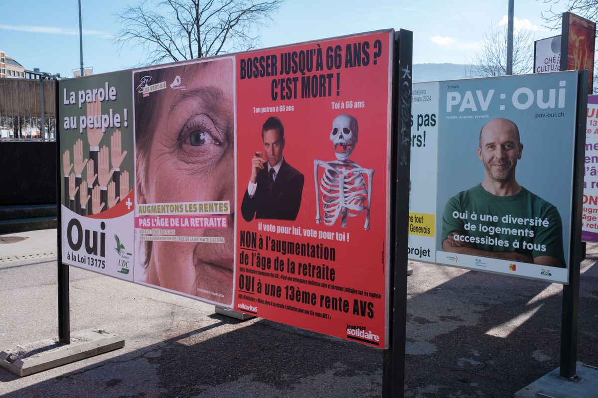 Suisse, Genève, le 13 février 2024. Affiches politique pour les votations du 03 mars 2024.