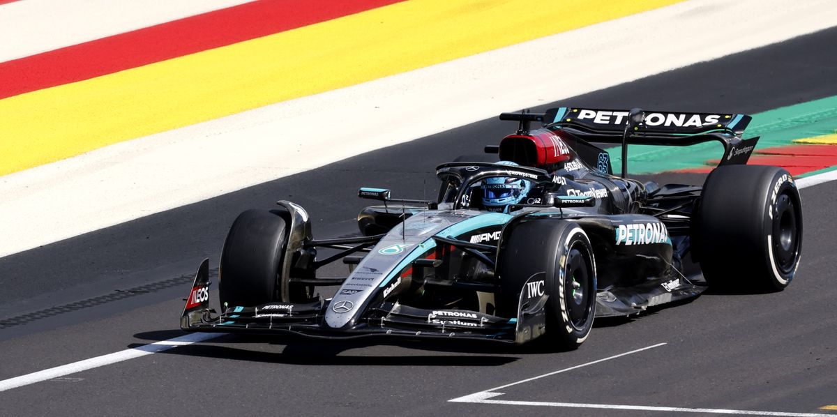 Mercedes driver George Russell of Britain steers his car during the Formula One Grand Prix at the Spa-Francorchamps racetrack in Spa, Belgium, Sunday, July 28, 2024. (AP Photo/Geert Vanden Wijngaert)