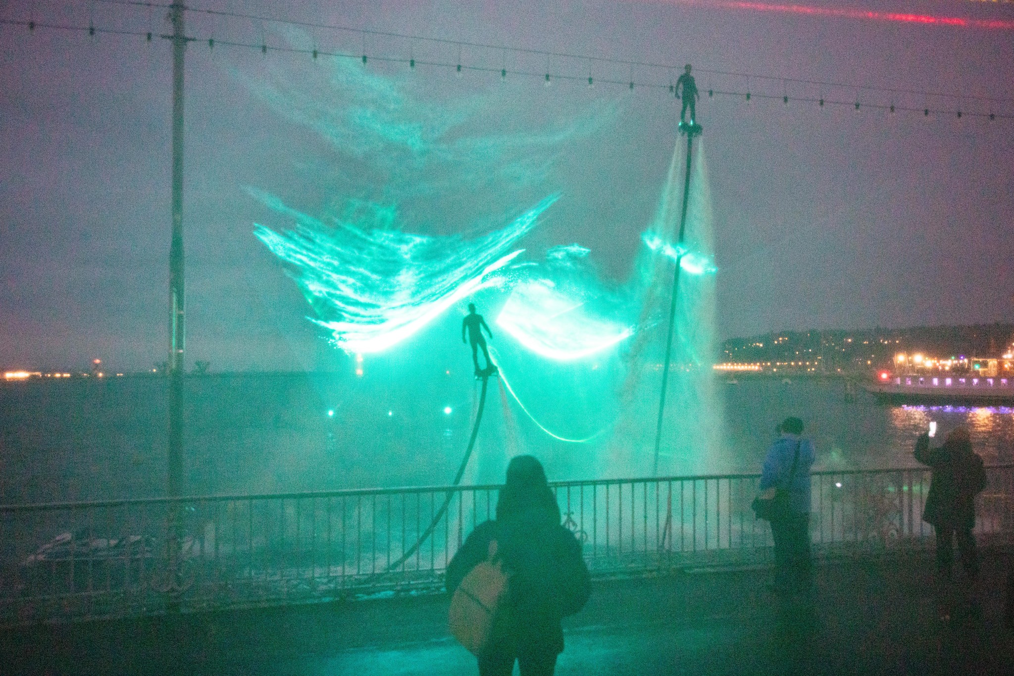 Installation lumineuse ’Le ballet nocturne’ au Festival Genève Lux 2025 dans le Jardin Anglais, photographiée par Georges Cabrera.