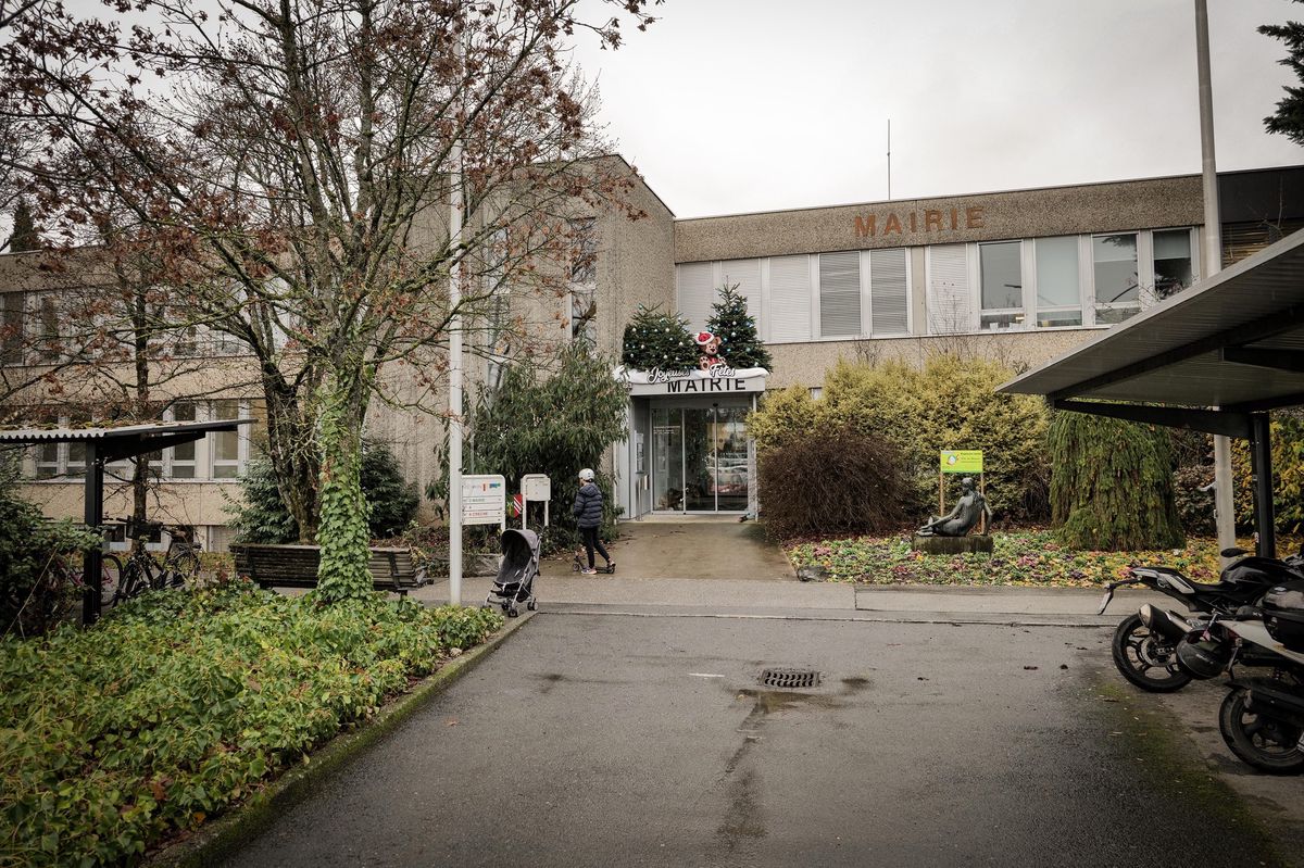 Entrée de la mairie à Meyrin, située sur la rue des Boudines à Genève, entourée de végétation et avec des arbres dénudés en hiver.
