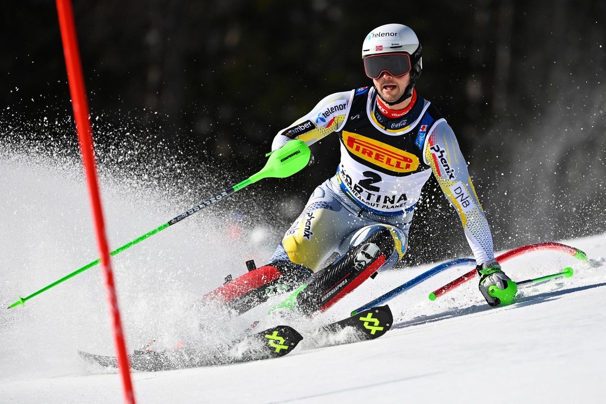 Norway's Sebastian Foss-Solevaag competes in the first run of the Men's Slalom on February 21, 2021 at the FIS Alpine World Ski Championships in Cortina d'Ampezzo, Italian Alps. (Photo by Fabrice COFFRINI / AFP)