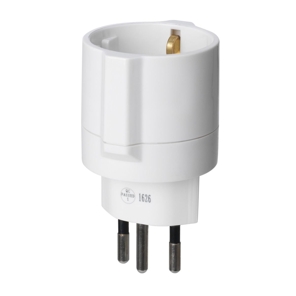 Adaptateur de prise électrique blanc à trois broches.