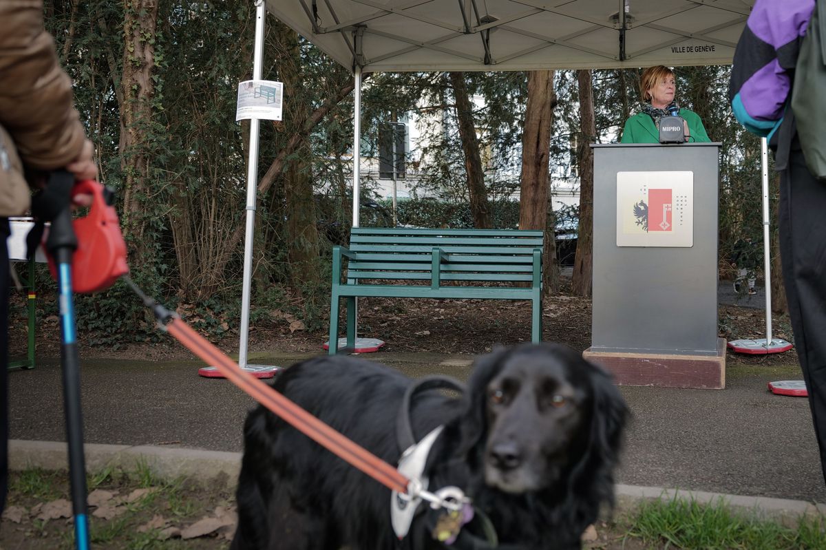 Genève, le 19 mars 2024.  Champel. Ce mardi à 17h à Champel, en face de la paroisse Sainte-Thérèse, inauguration par Frédérique Perler de 14 bancs publics conçus pour les seniors.

