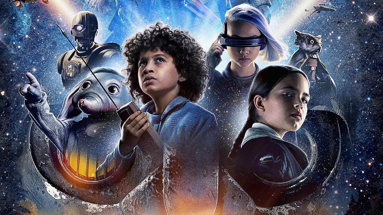 Illustration de personnages de science-fiction dans un décor spatial, incluant des enfants et des créatures cosmiques avec des costumes futuristes.