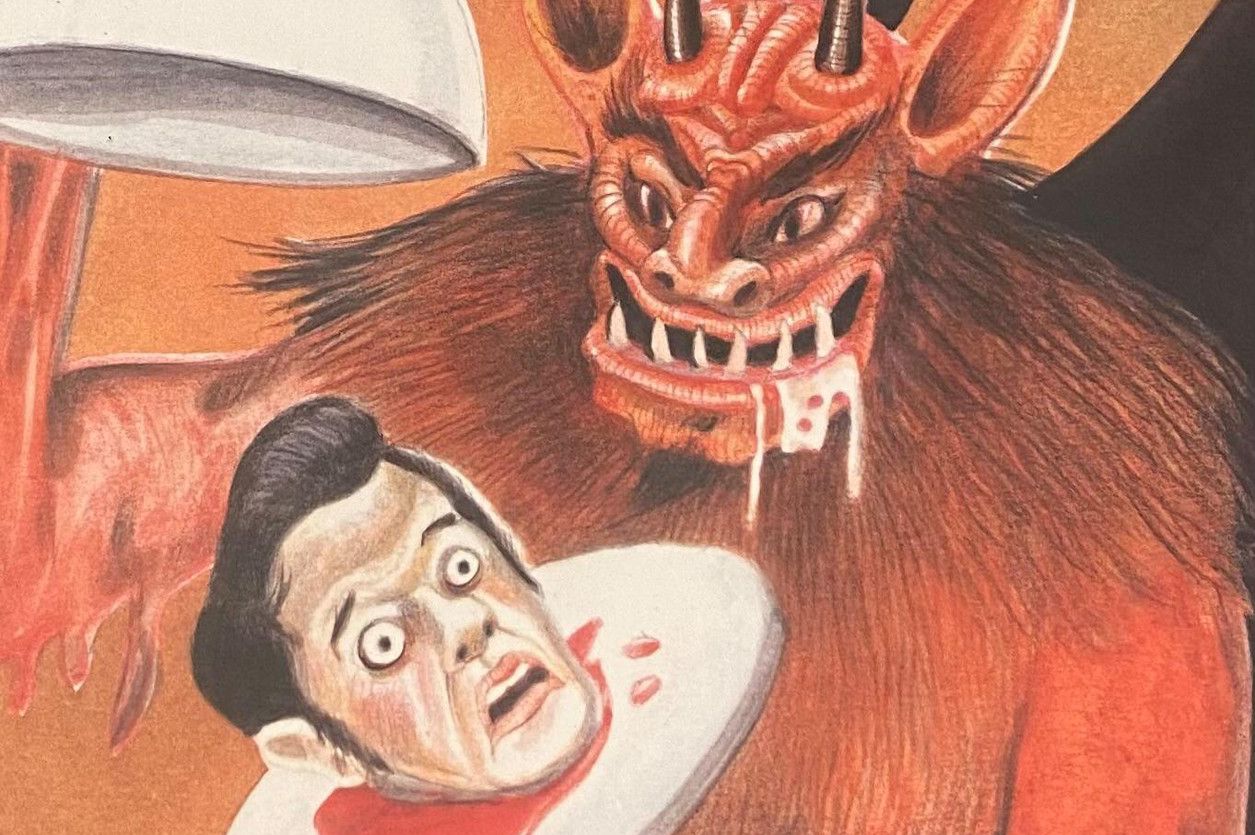 Illustration d’un livre intitulé ’Gore des Alpes’ avec une créature démoniaque tenant un plateau avec une tête humaine, par Emmanuelle Robert.