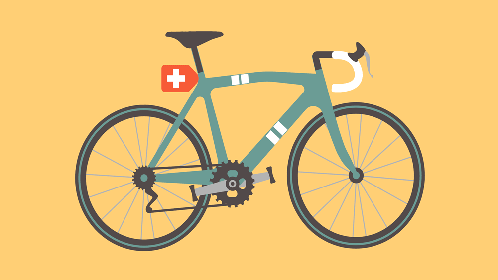 Un vélo avec un drapeau suisse, sur fond jaune