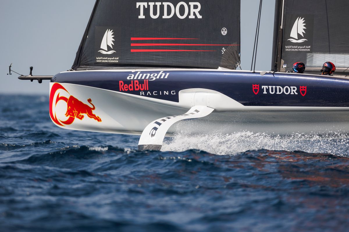 Alinghi Red Bull Racing of Switzerland with Arnaud Psarofaghis, Maxime Bachelin behind the helm and Bryan Mettraux, Yves Detrey as flight controllers compete during the AC37 Preliminary Regatta in Jeddah, Saudi Arabia on November 29, 2023.