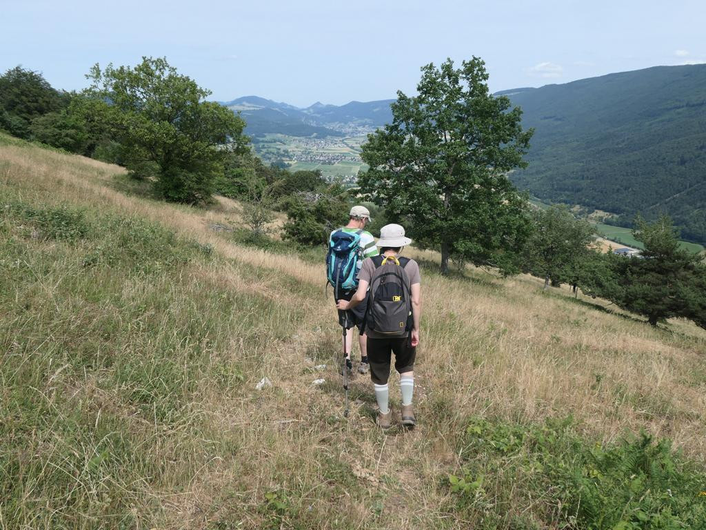 Zwei Wanderer mit Rucksäcken auf einem Bergpfad, umgeben von Grasland und Bäumen, mit einem Tal und Bergen im Hintergrund.