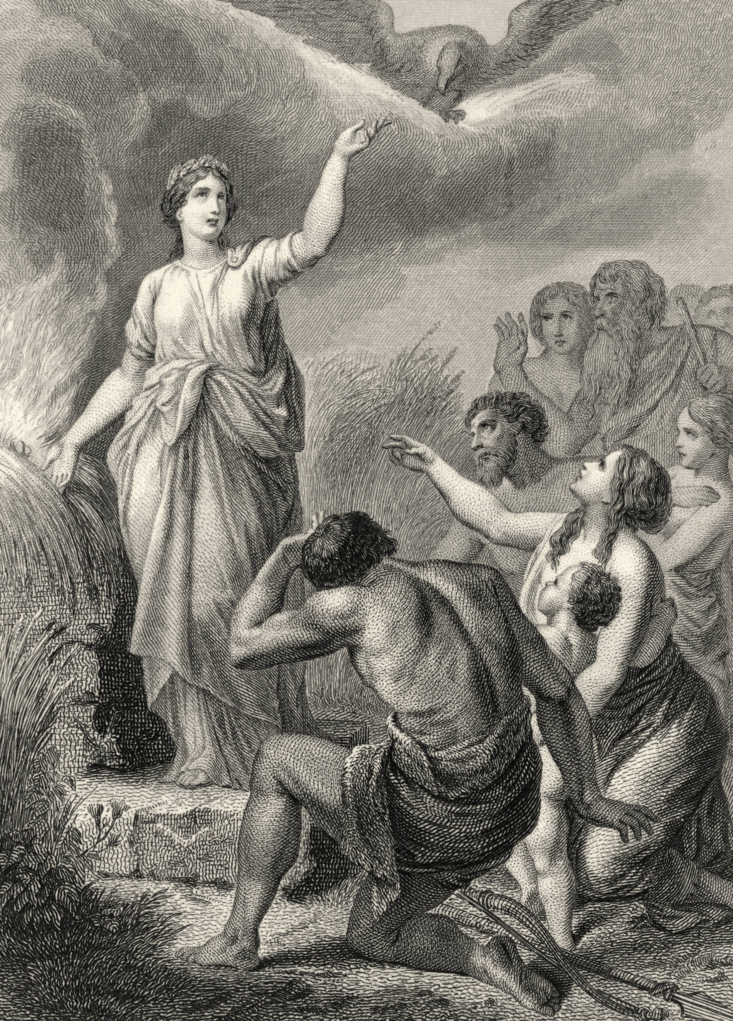 Historischer Stahlstich von Ferdinand Rothbart: Göttin Demeter (Ceres) bei den Mysterien von Eleusis, Szene aus Schillers Gedicht, Schwarz-Weiss
