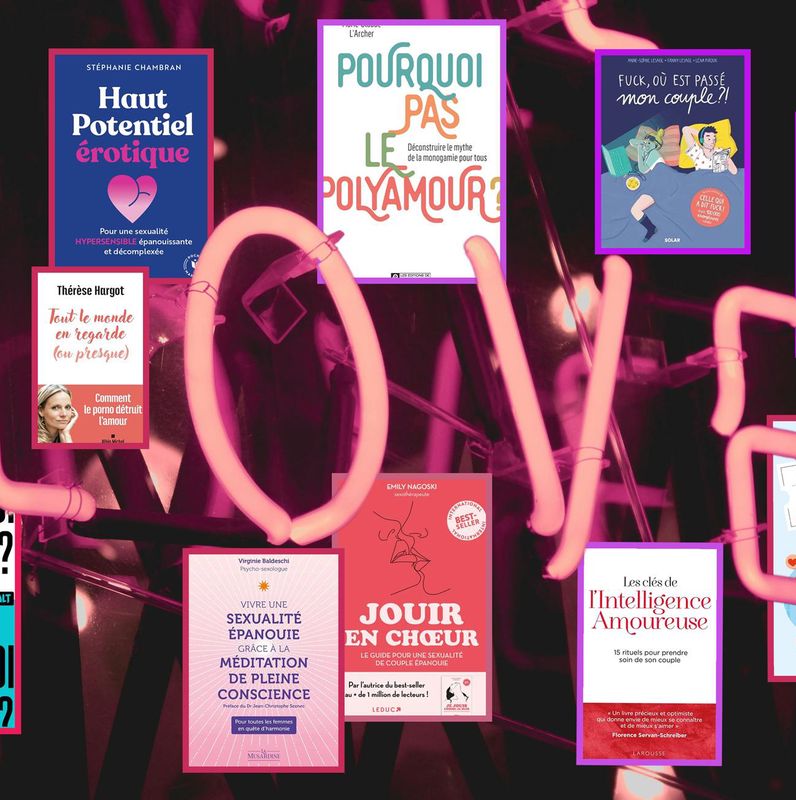 Couverture de livres sur l’amour et le développement personnel avec un signe néon en forme de cœur et le mot ’LOVE’.