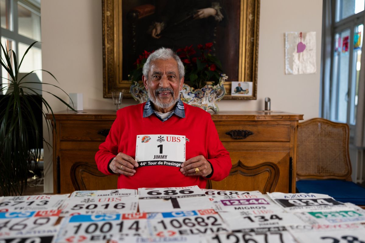 Portrait de James Henry Droz qui a courut toutes les editions de la course de l'escalade, le mardi 13 fevrier 2024 a Puplinge (Bastien Gallay / GallayPhoto)