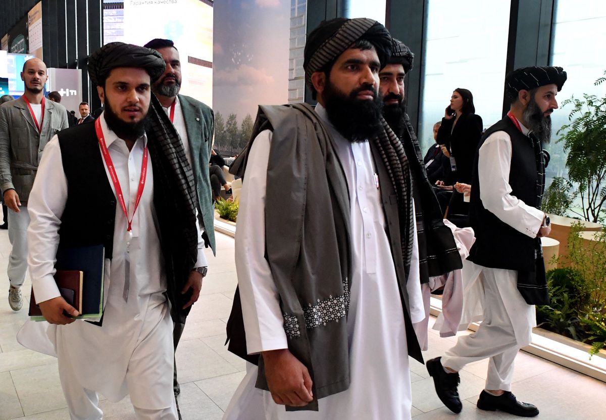 A Taliban delegation attends the Saint Petersburg International Economic Forum (SPIEF) in Saint Petersburg on June 6, 2024. (Photo by Olga MALTSEVA / AFP)