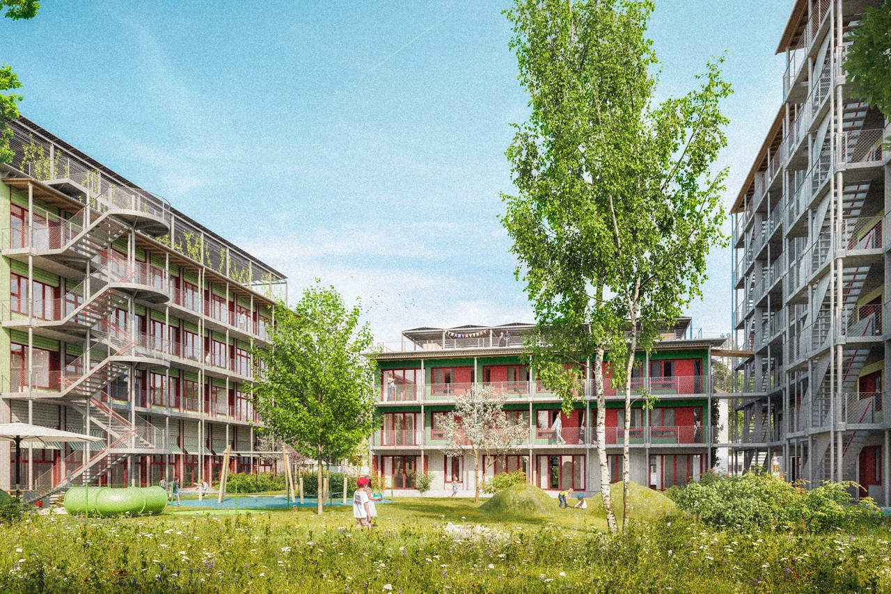 Ein moderner Wohnkomplex mit drei mehrstöckigen Gebäuden in einem grünen Innenhof. Bäume und Rasenflächen verleihen der Szene natürliche Ästhetik.
