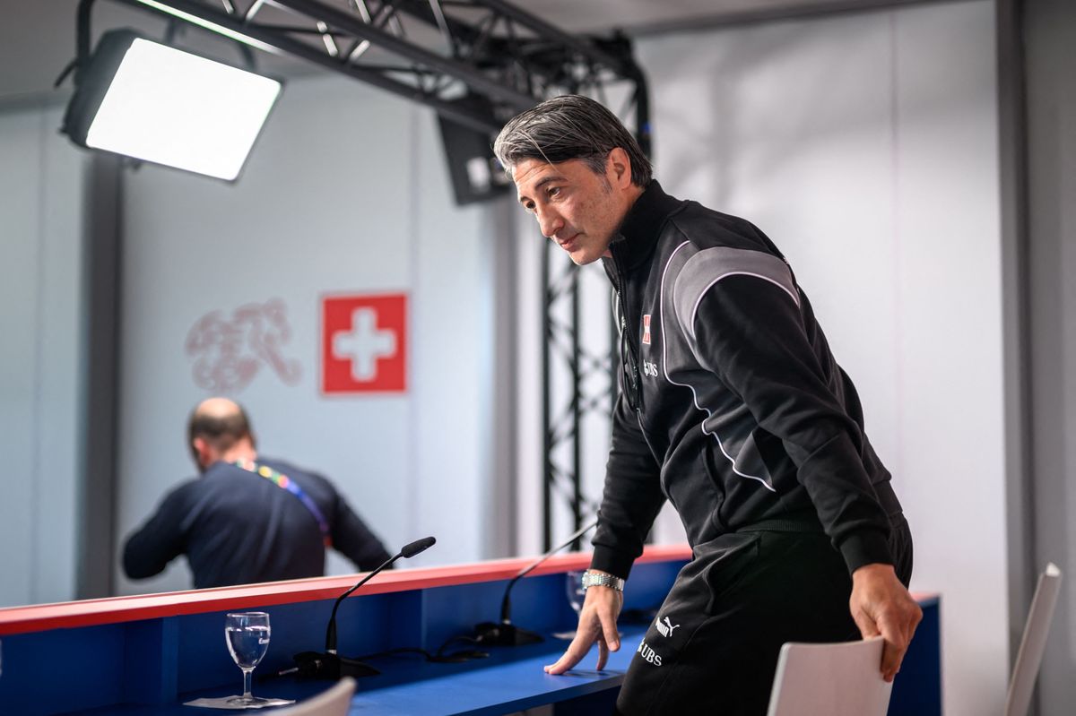 Switzerland's head coach Murat Yakin leaves the stage after a press conference at the Stadion auf der Waldau in Stuttgart on July 7, 2024, during the UEFA Euro 2024 football championship. Switzerland were knocked out of Euro 2024 on penalties in the quarter-finals by England on July 6, 2024. (Photo by Fabrice COFFRINI / AFP)