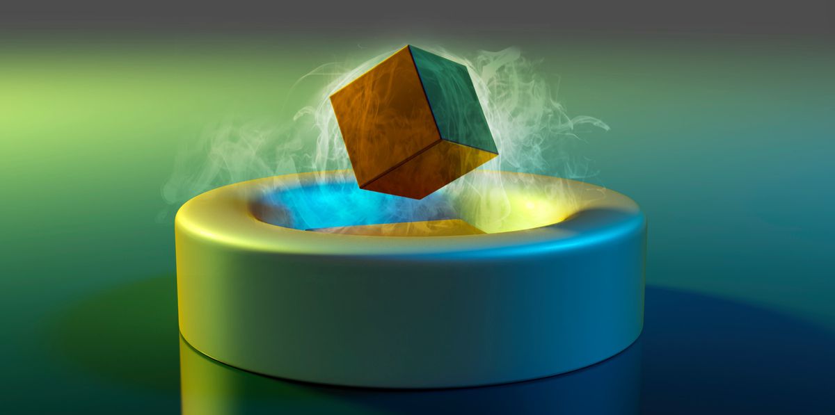 Illustration of magnetic levitation using a high-temperature ceramic superconductor. A magnetised cube is floating freely above a nitrogen-cooled slab of the superconducting ceramic. Discovered in 1986, the superconducting ceramics are expected to lead to a technological revolution and are the subject of intensive worldwide research. Superconductors lose all of their electrical resistance when cooled below a certain threshold temperature.