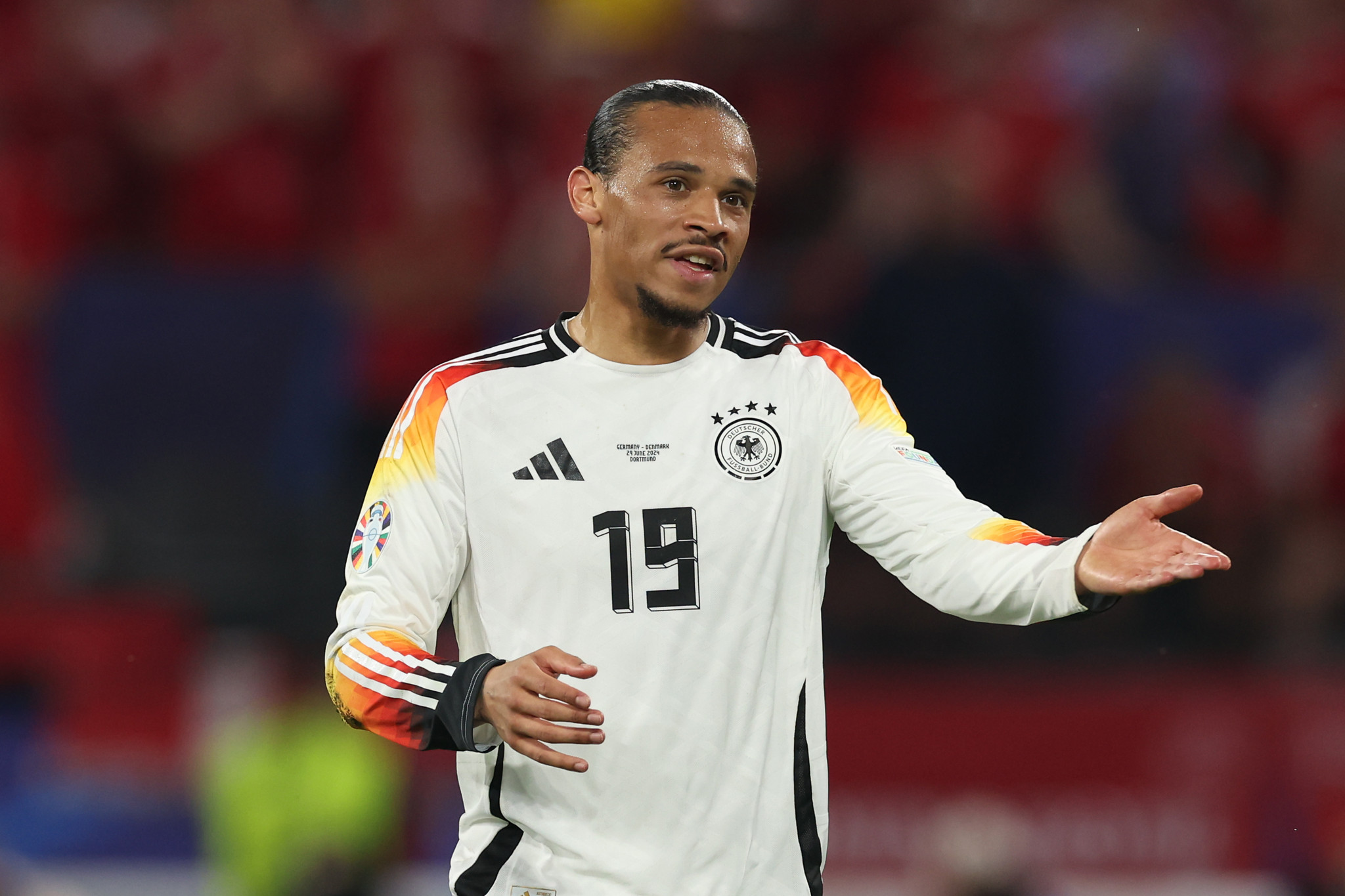 DORTMUND, GERMANY - JUNE 29: Leroy Sane of Germany reacts during the UEFA EURO 2024 round of 16 match between Germany and Denmark at Football Stadium Dortmund on June 29, 2024 in Dortmund, Germany. (Photo by Alexander Hassenstein/Getty Images)