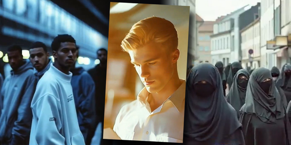 Collage aus drei Bildern: Links mehrere Männer in Sportkleidung, Mitte ein Mann im Hemd, der etwas liest, rechts mehrere Frauen in schwarzen Burkas.