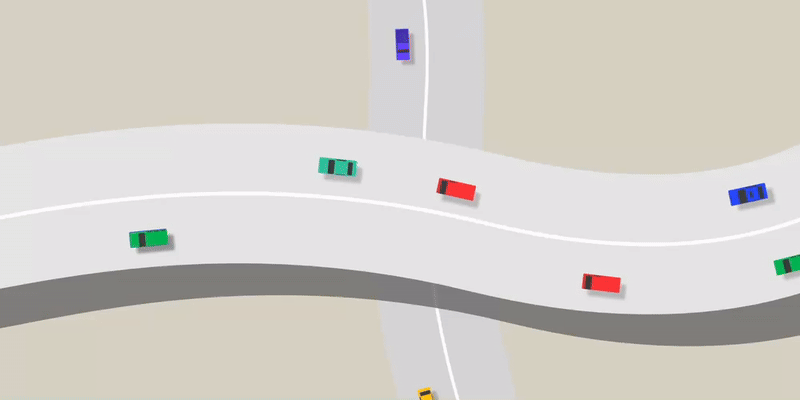Illustration de voitures colorées roulant sur une autoroute sinueuse.