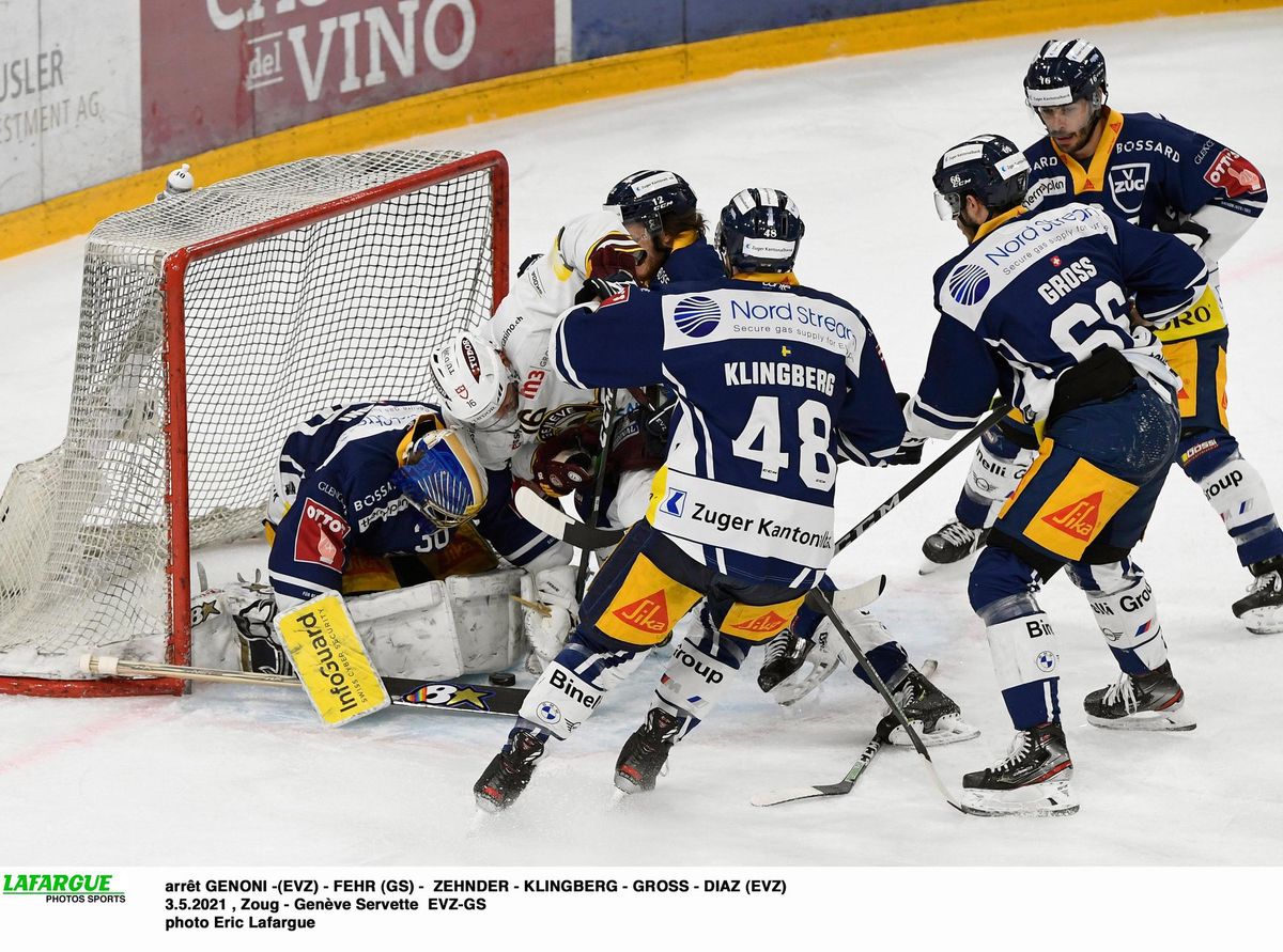 arrêt GENONI -(EVZ) - FEHR (GS) -  ZEHNDER - KLINGBERG - GROSS - DIAZ (EVZ)     3.5.2021 , Zoug - Genève Servette  EVZ-GSphoto Eric Lafargue