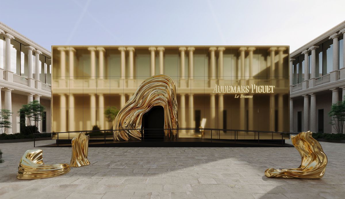 Vue du pavillon de l’exposition Audemars Piguet dans l’enceinte de l’hôtel de luxe Portrait Milano.