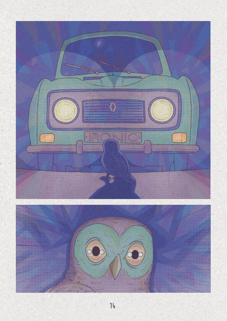 Illustration d’une voiture ancienne avec une chouette fixant intensément. Couleurs vibrantes en arrière-plan.