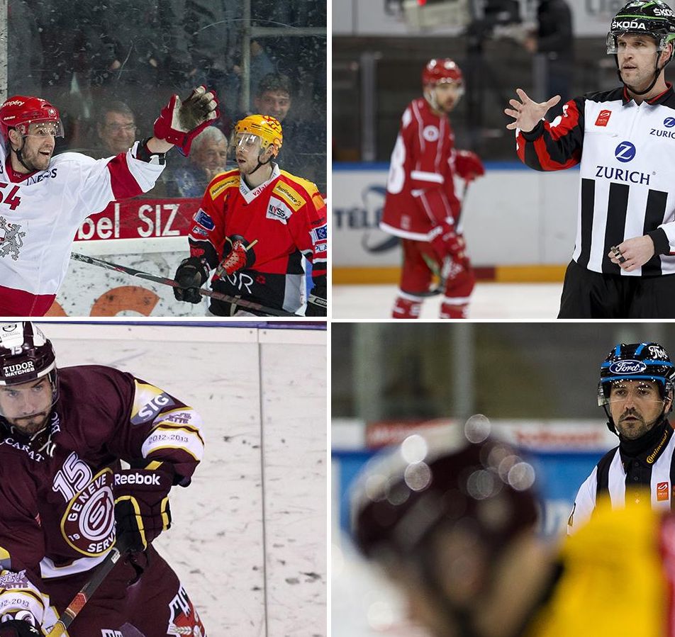 Montage de joueurs de hockey sur glace en action sur la patinoire, en tenue d'équipe et avec un arbitre.