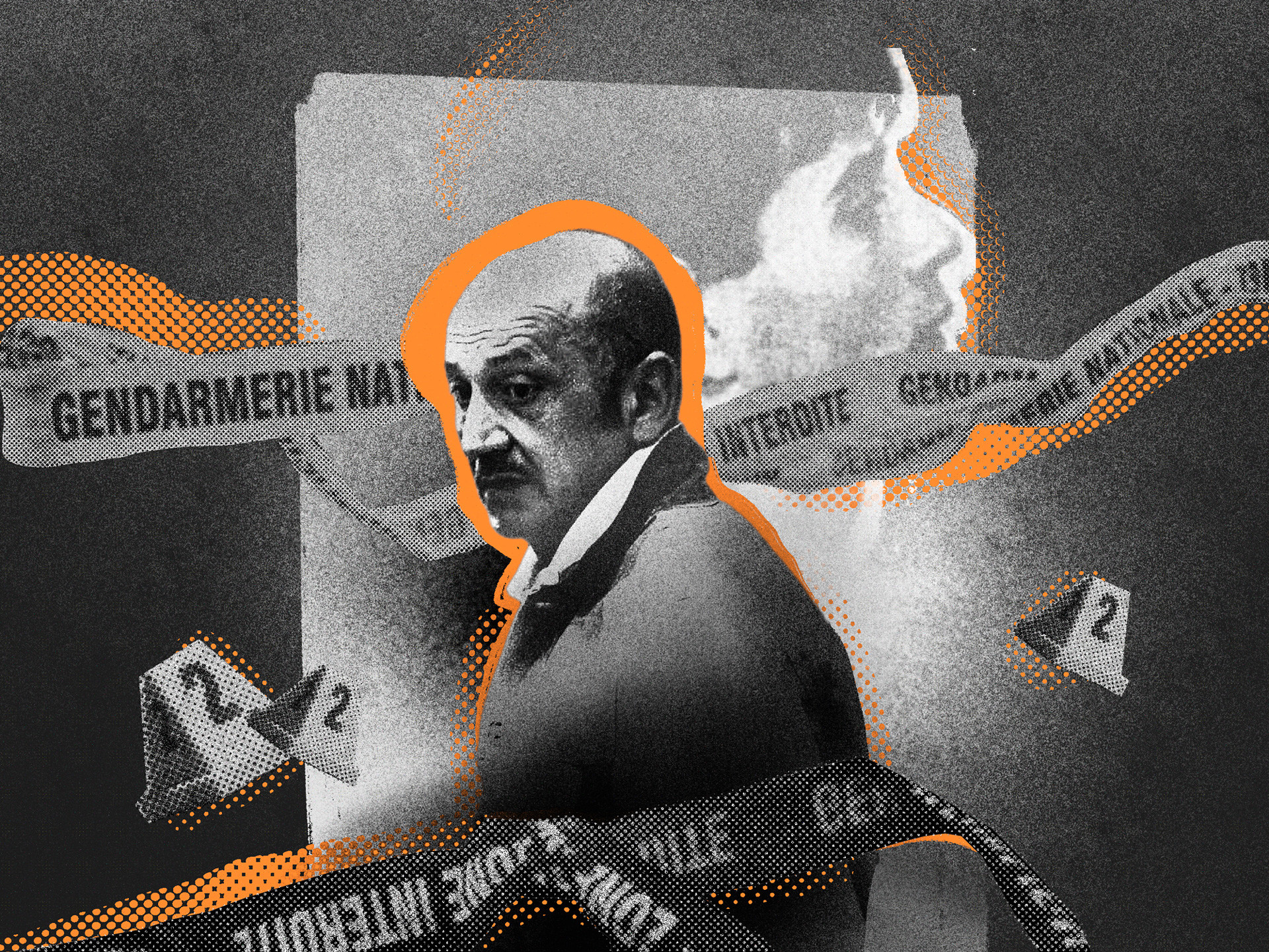 Montage sombre d’un homme en noir et blanc entouré de rubans de la Gendarmerie Nationale avec inscriptions ’Zone Interdite’ et marqueurs de scène de crime.