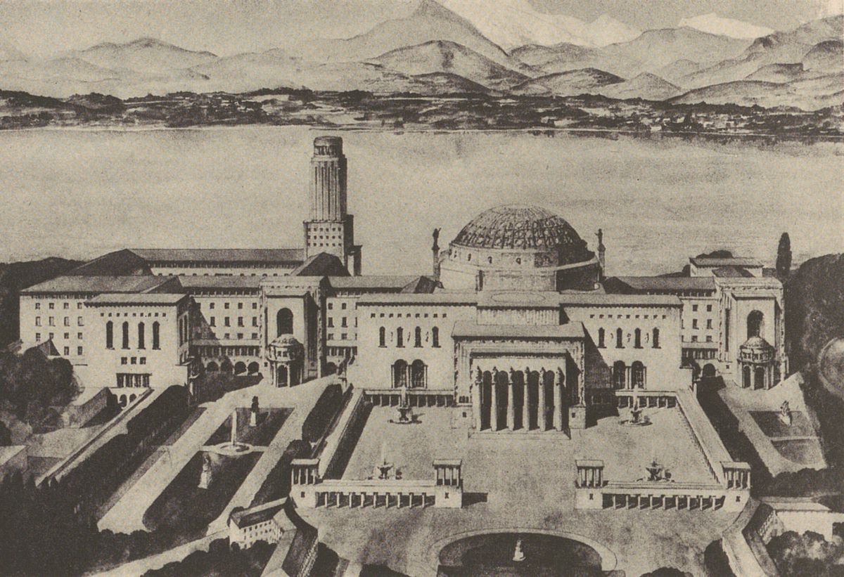 Le concours pour un Palais des Nations d’abord planifié à la Perle du Lac avait fait l’objet de 377 projets. Ici, celui de l’architecte hongrois Joseph Vago, primé mais nul gagnant. 