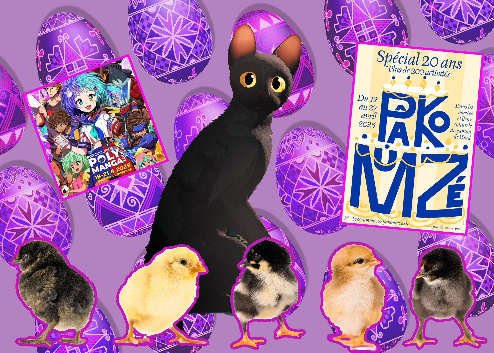 Montage coloré avec un chat aux yeux écarquillés, plusieurs poussins en bas et des œufs violets en arrière-plan, avec une affiche pour un événement spécial 20 ans de Polymanga et Pâkomuzé.