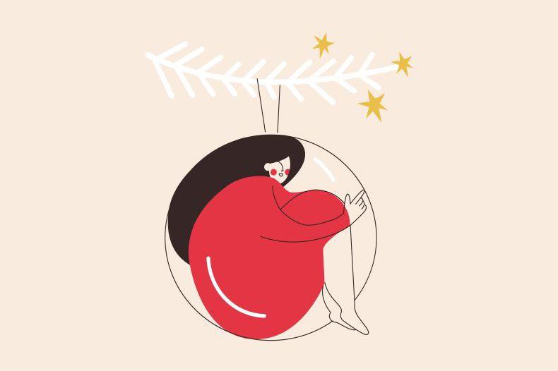 Illustration d'une femme avec de longs cheveux noirs assise à l'intérieur d'une boule de Noël rouge. Des étoiles dorées flottent autour.