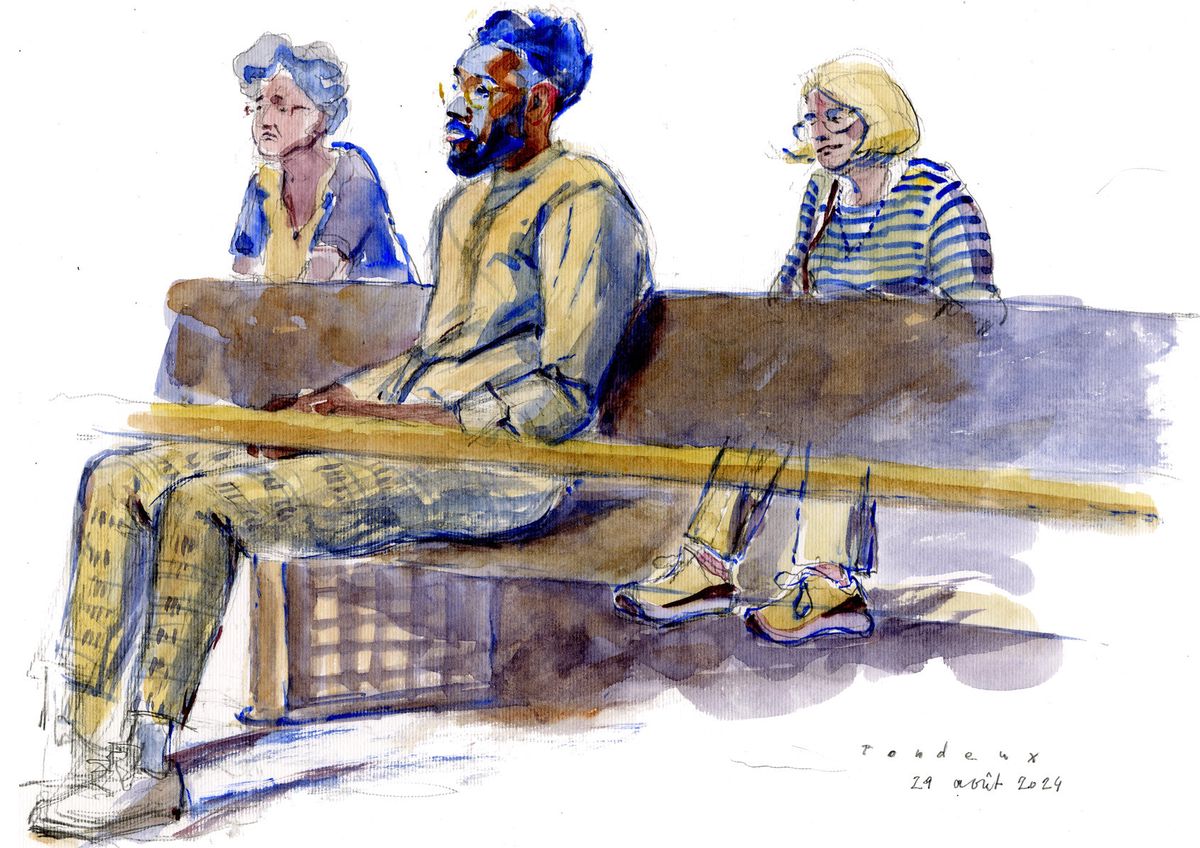 Illustration de trois personnes assises sur un banc, deux femmes et un homme. L'homme porte une tenue claire et des lunettes. Les femmes portent des vêtements colorés, l'une en pull rayé et l'autre en chemisier.