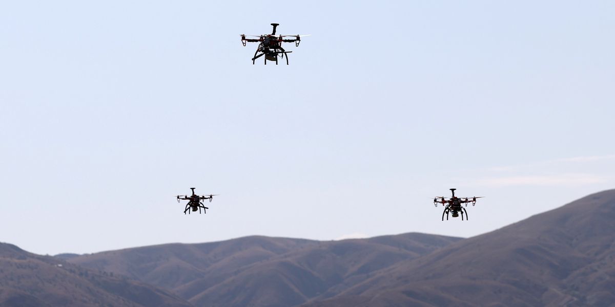 ANKARA, TURKIYE - AUGUST 19: Drones developed by HAVELSAN fly as a part of the Mixed Swarm Operation at Kalecik UAV Test Center in Ankara, Turkiye on August 19, 2023. 2 Autonomous Sub-Cloud UAVs named BAHA, 2 Unmanned Ground Vehicles named BARKAN and 5 other drones take part in the training. (Photo by Hakan Nural/Anadolu Agency via Getty Images)