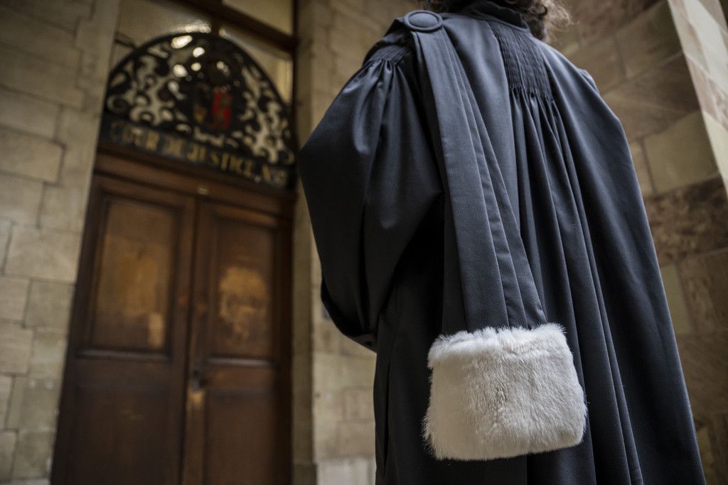 Un avocat en robe noire se tient devant la porte d'une salle d'audience ornée, probablement dans un tribunal.