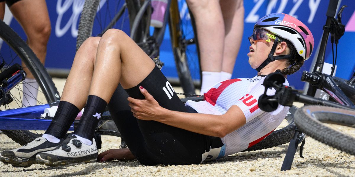 Alessandra Keller of Switzerland reacts after crossing the finish line of the Women's Cross-country race at the 2024 Paris Summer Olympics in Paris, France, Sunday, July 28, 2024. (KEYSTONE/Laurent Gillieron)