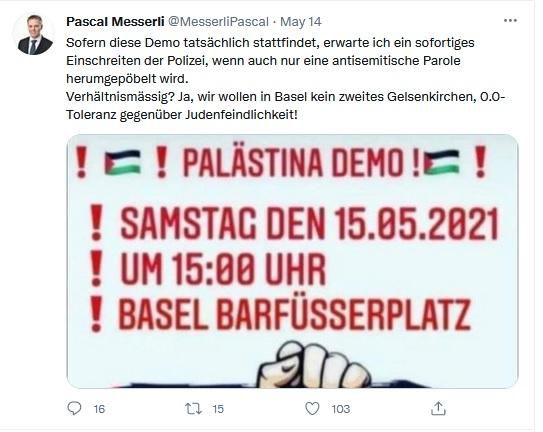Er hatte am Freitag auf Twitter gefordert, dass antisemitische Propaganda an Palästinenser-Demonstrationen in Basel unterbunden wird.