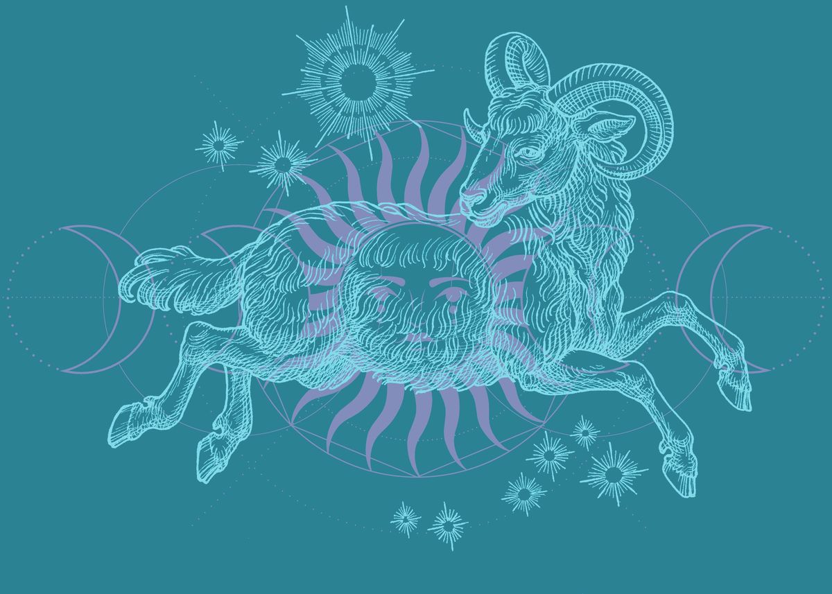 Illustration d’un bélier stylisé entouré de symboles solaires et lunaires sur un fond turquoise.