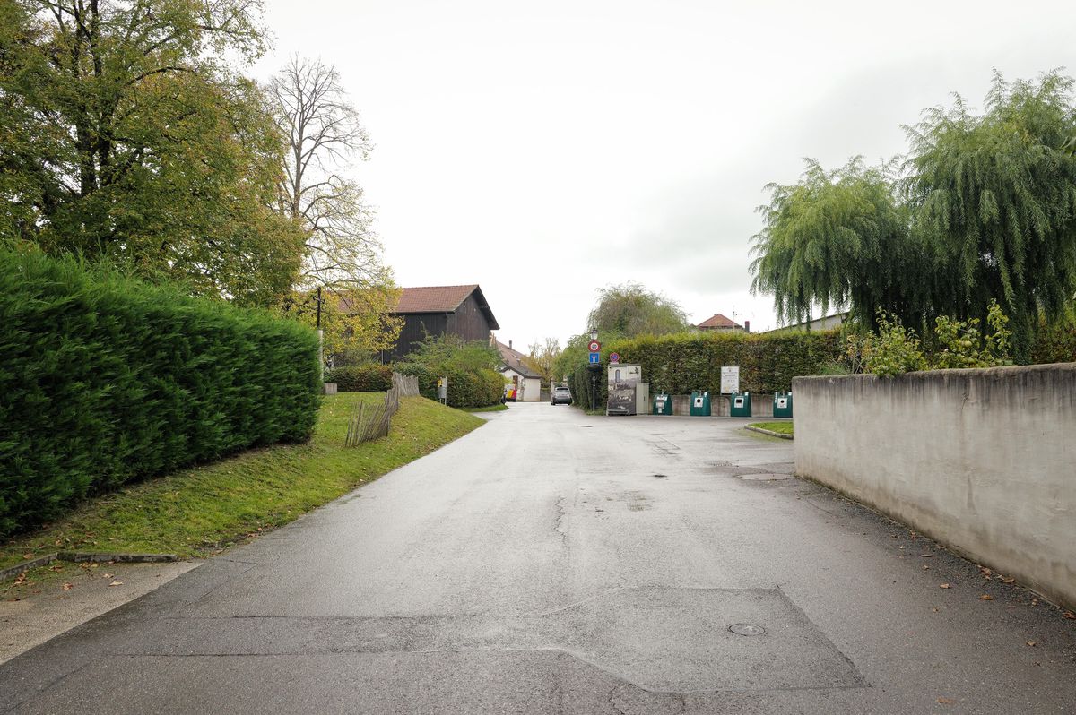 Rue calme à Collex-Bossy entourée de verdure, scène de débat pour une zone de rencontre avant la votation de 2024.