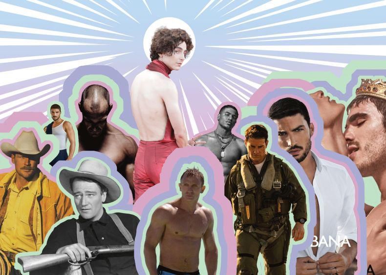 Collage d’hommes célèbres avec divers styles vestimentaires, du cowboy à l’astronaute, sur un fond coloré avec rayons.