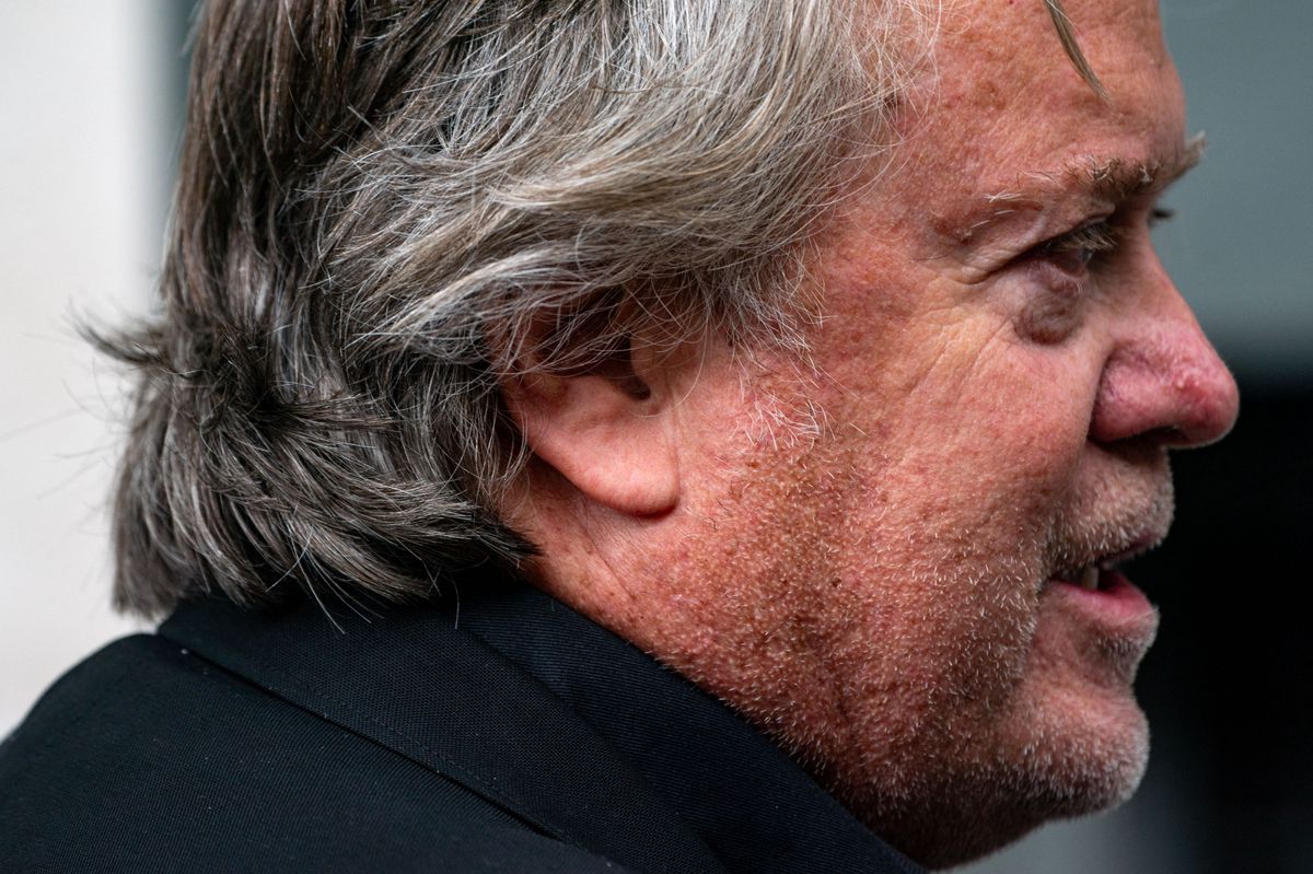 WASHINGTON, DC - JUNE 6: Steve Bannon, former advisor to President Donald Trump, speaks to members of the press outside the E. Barrett Prettyman U.S. Courthouse on June 6, 2024 in Washington, DC. Bannon has been ordered to begin serving his four-month prison sentence on July 1 for two counts of contempt of Congress after failing to comply with a congressional subpoena related to the Jan. 6, 2021, attack on the U.S. Capitol.   Kent Nishimura/Getty Images/AFP (Photo by Kent Nishimura / GETTY IMAGES NORTH AMERICA / Getty Images via AFP)