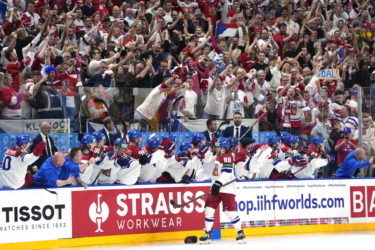 Czech Republic's David Pastrnak celebrates with teammate after scoring during the gold medal match between Czech Republic and Switzerland at the Ice Hockey World Championships in Prague, Czech Republic, Sunday, May 26, 2024. (AP Photo/Petr David Josek)
David Pastrnak