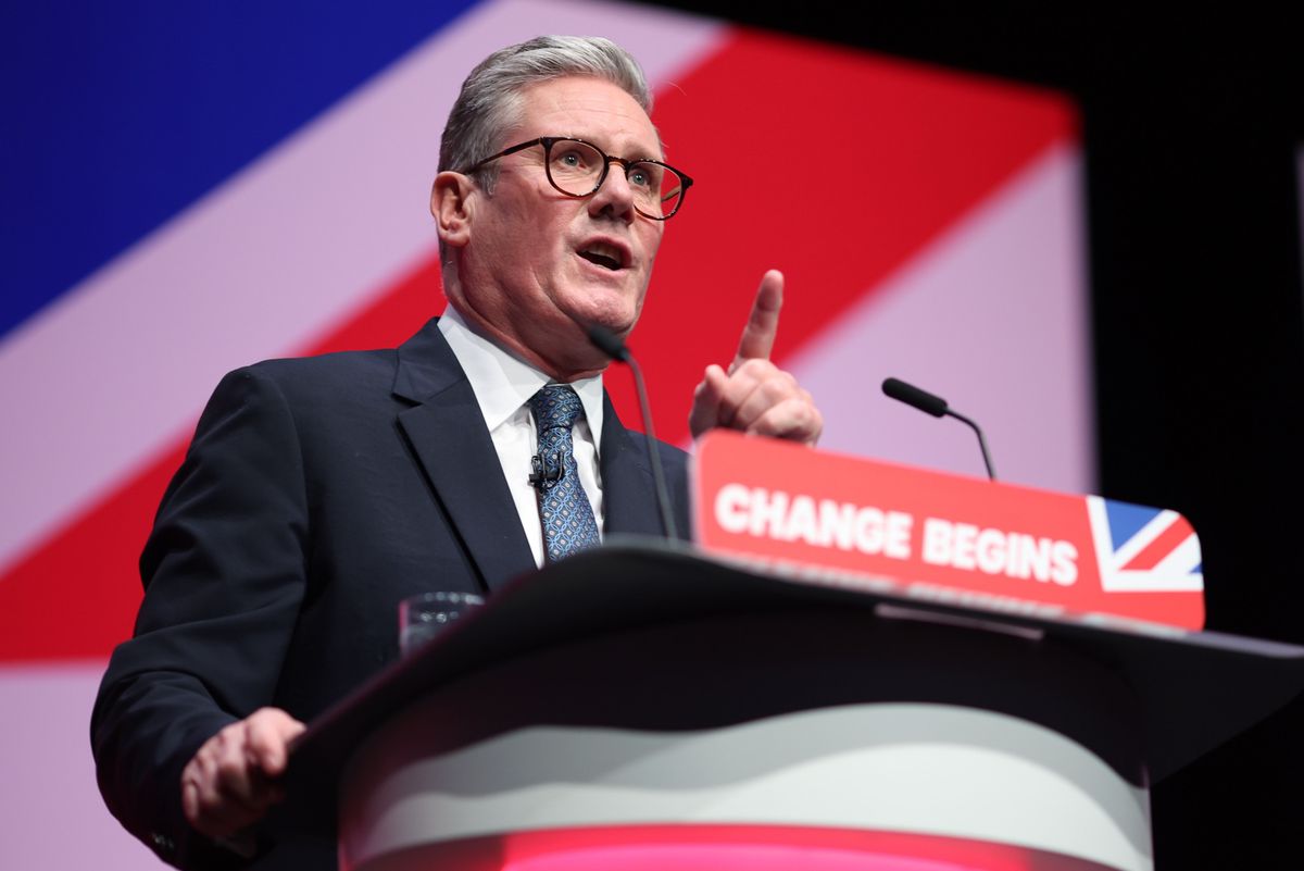 epa11622551 British Prime Minister and Leader of the Labour Party, Sir Keir Starmer, speaks at the Labour Party Conference in Liverpool, Britain, 24 September 2024. The conference runs from 22 to 25 September at the Arena Convention Centre in Liverpool.  EPA/ADAM VAUGHAN
